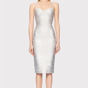 Herve leger FOIL STRAPPY SWEETHEART MIDI DRESS silver foil.  XS NWT
